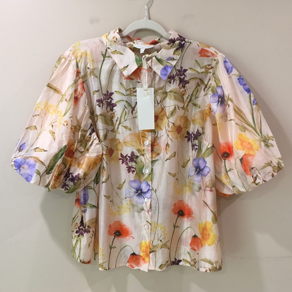 NWT Lucky & Coco Women's 2X Floral Print Button Up Puff Sleeve Top Multicolor